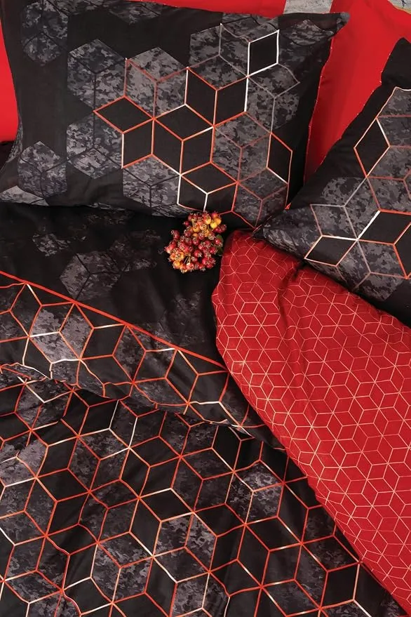 Dark Double Duvet Cover Set Cubo Tile - Red[2].webp