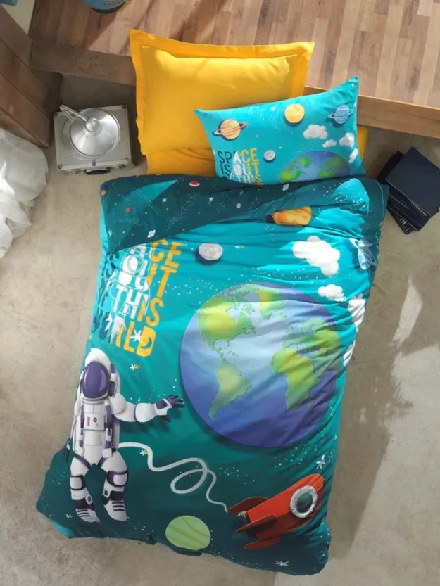 Junior Single Fitted Sheet Duvet Cover Set Little Astronaut Turquoise[2].webp