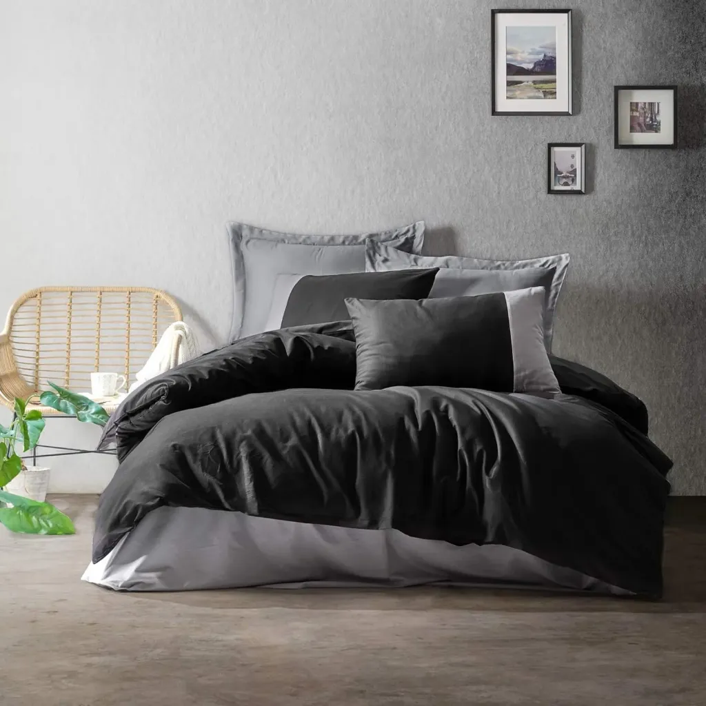 [600018597] Plain Plain Double Duvet Cover Set Black-Grey