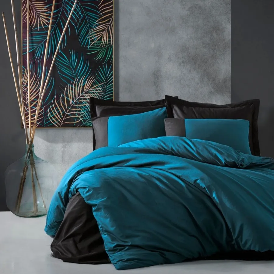 [600018598] Double Bed Set Plain-Plain Petrol-Black