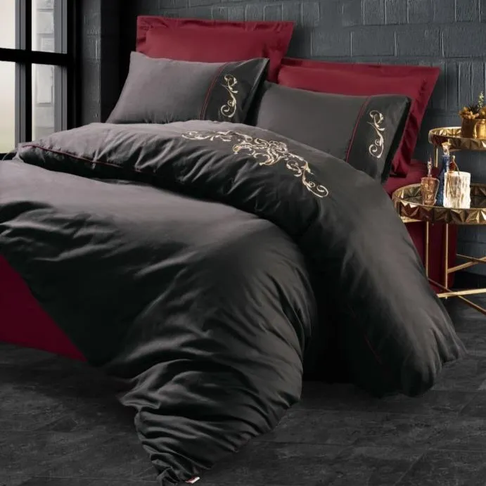[600018638] Double Embroidered Satin Duvet Cover Set Sarita Claret Red
