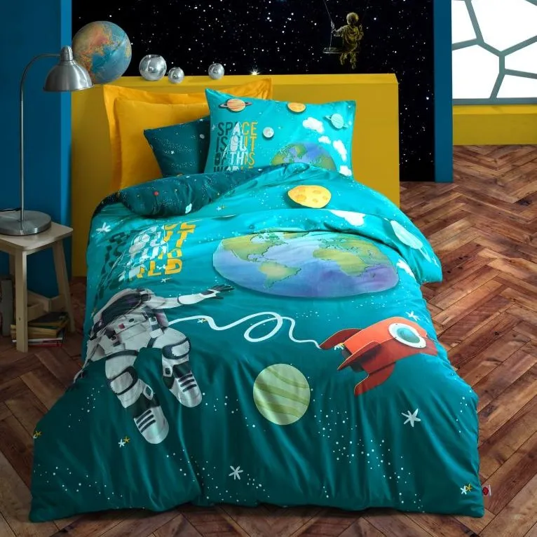 [600018654] Junior Single Fitted Sheet Duvet Cover Set Little Astronaut Turquoise