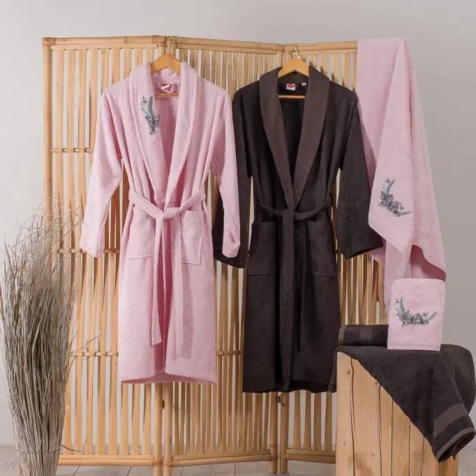 [600018727] Family Towel Set 3D Embroidery Bamboo - Perla Pink-Anthracite