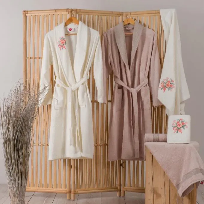 [600018731] Family Towel Set 3D Embroidery Bamboo - Lenora Ecru-Cappuccino