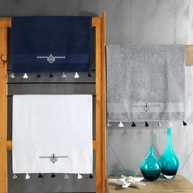 Towel Set 3-Piece Tasseled Fit V-2 (Dark Blue-White-Grey) 50×90