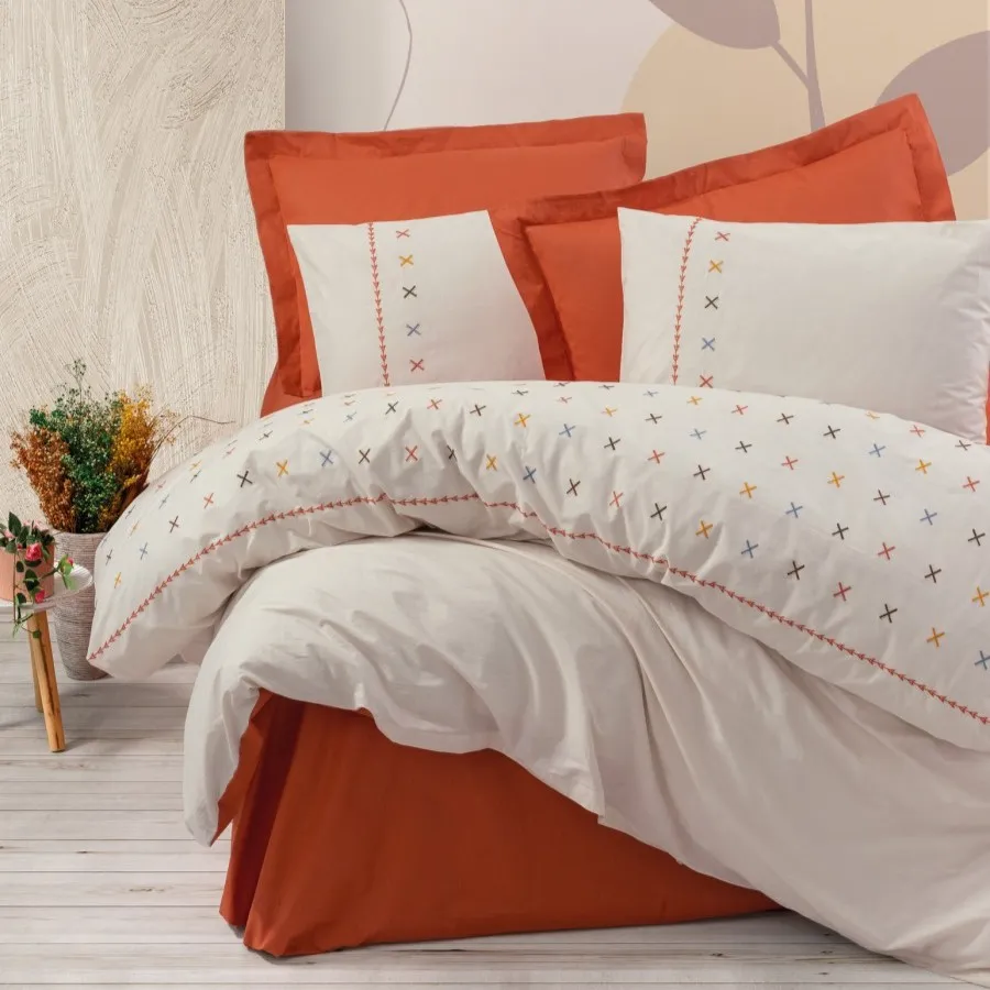 [600018771] Embroidered Ranforce Double Duvet Cover Set Joli Tile Red