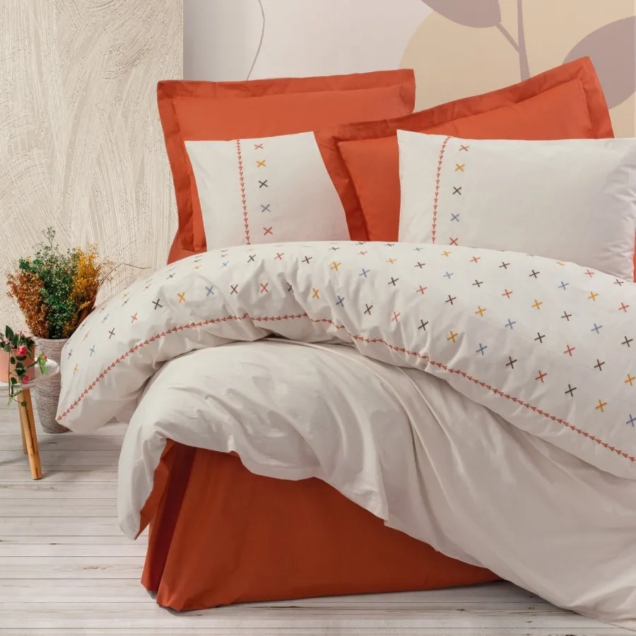Embroidered Ranforce Double Duvet Cover Set Joli Tile Red