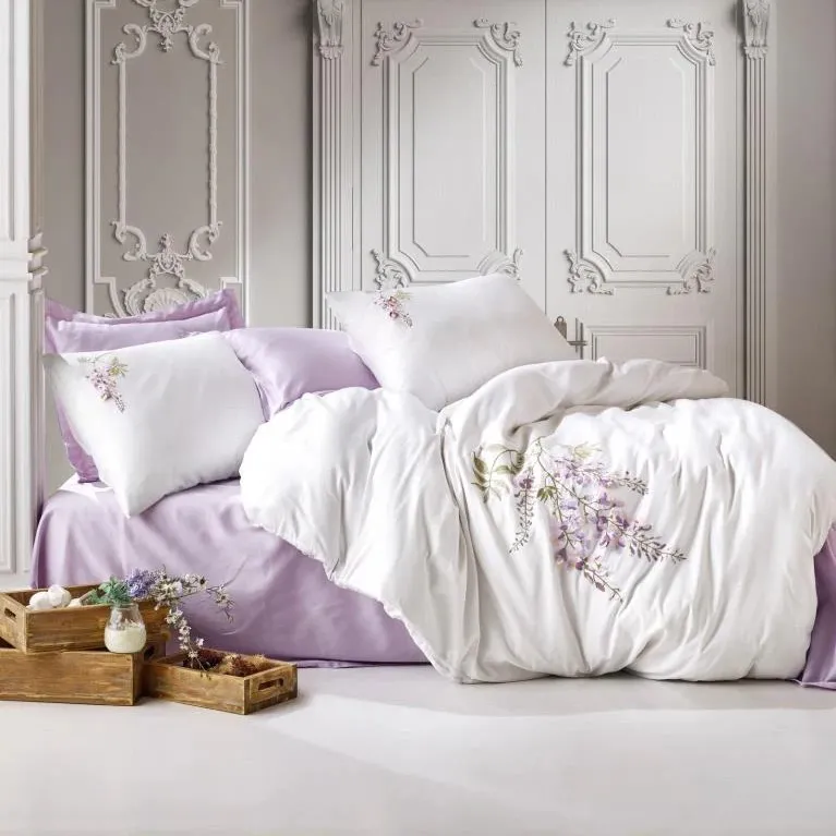 [600018775] 3D Embroidered Satin Double Duvet Cover Set Mita Lila