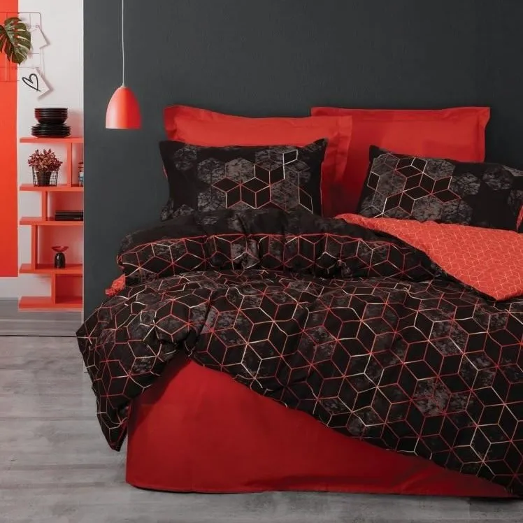 [600018807] Dark Double Duvet Cover Set Cubo Tile - Red