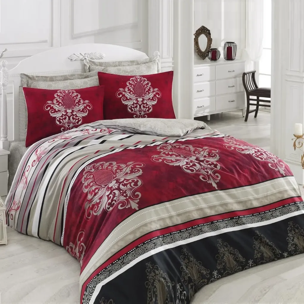 [600018822] Double Bed Set Satin Duvet Azra Burgundy
