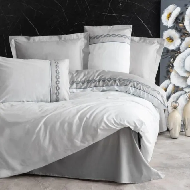 [600018960] Brode Satin Embroidered Double Bed Set Fedor Grey