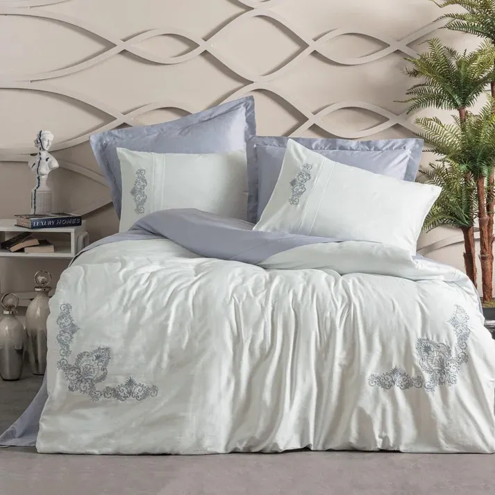 [600018961] Brode Satin Embroidered Double Bed Set Biana Grey