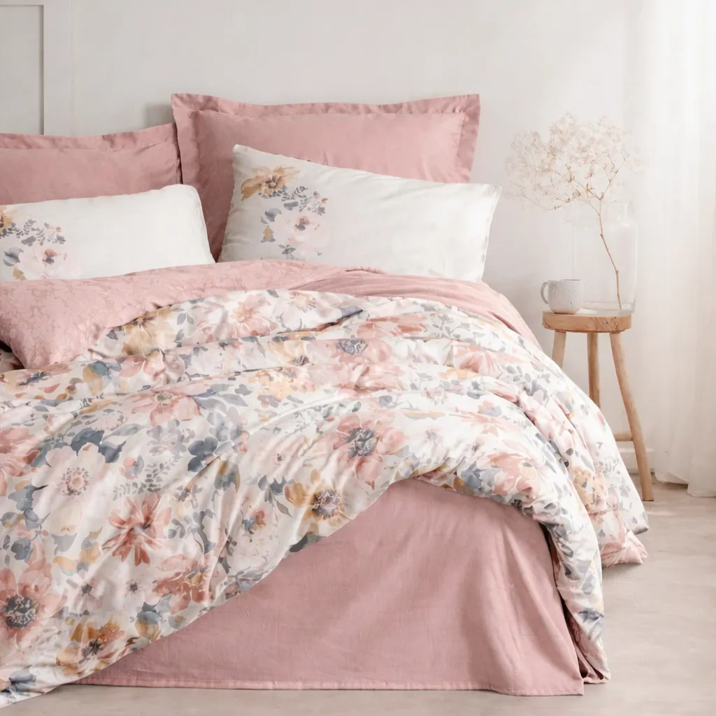 [600018966] Satin Double Duvet Cover Set Dalya Pudra