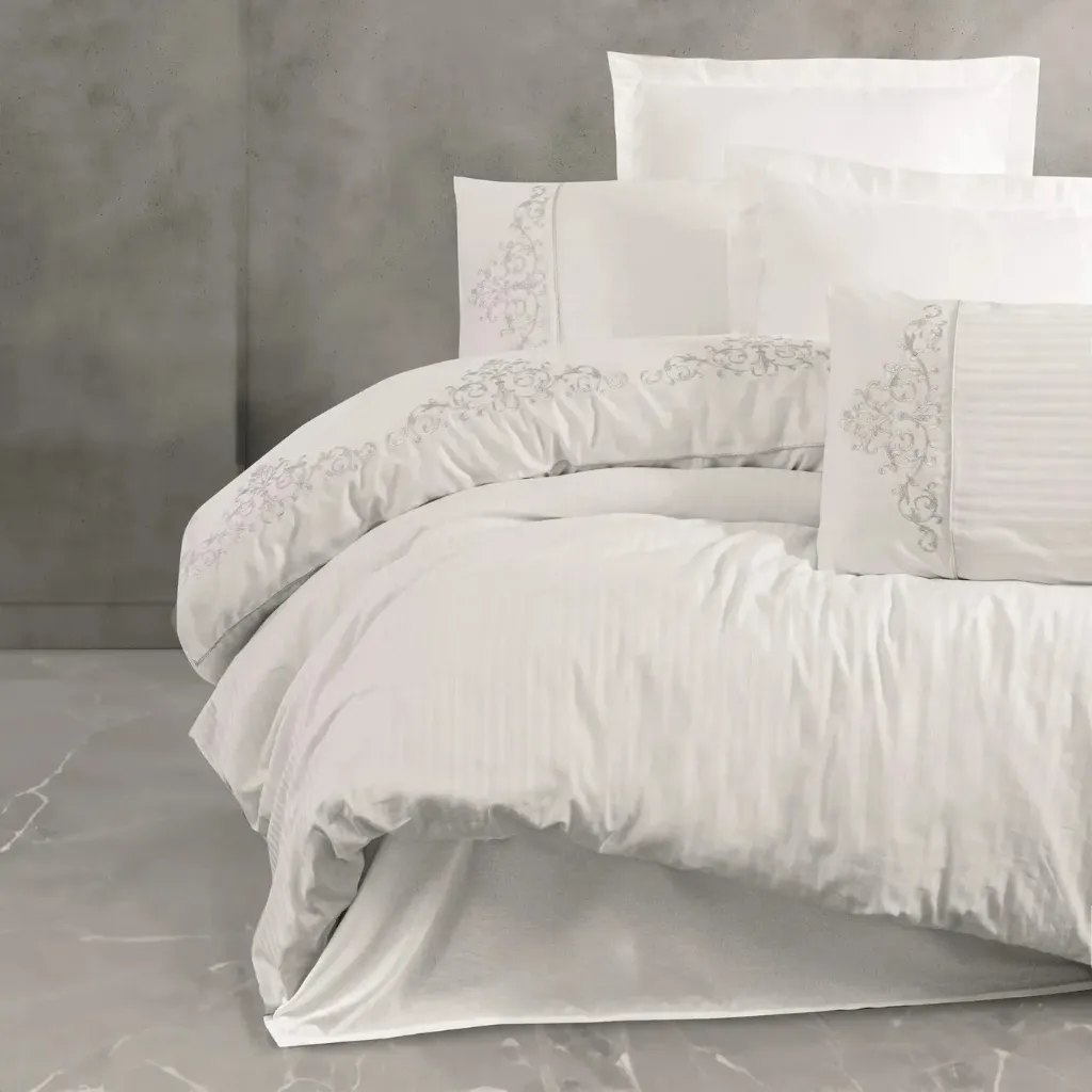 [6000170141] Embroidered Satin Double Duvet Cover Set Genny White