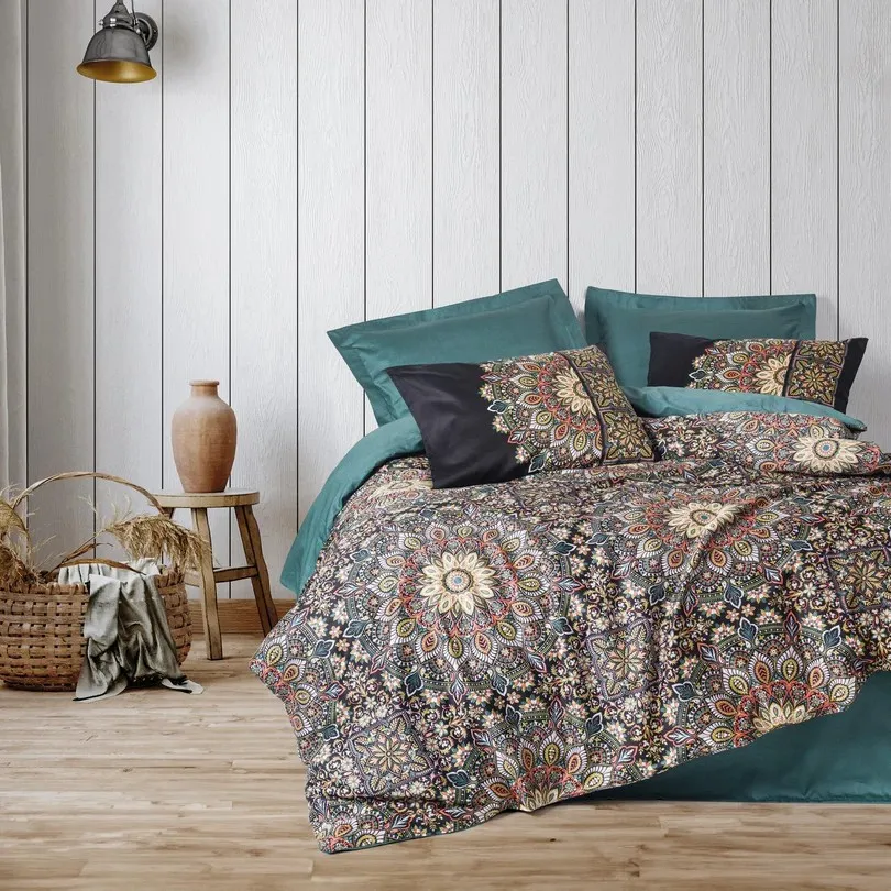 Satin Double Duvet Cover Set Ornate Petrol