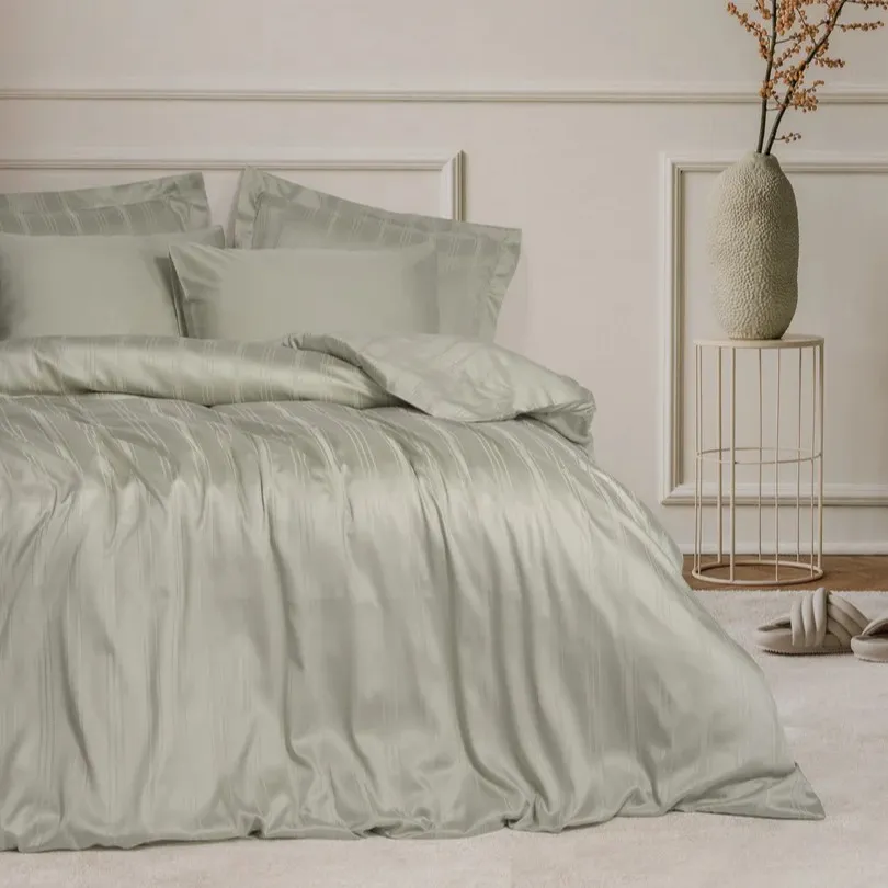 [60001931] Smart Bamboo Satin Double Duvet Cover Set Stripe Beige