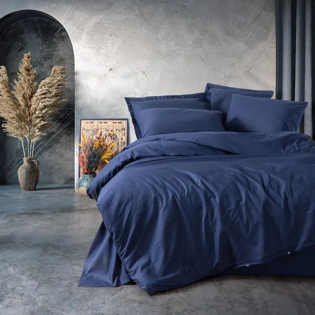 [60001959] Double Plain Reactive Bed Set Plain Navy Blue