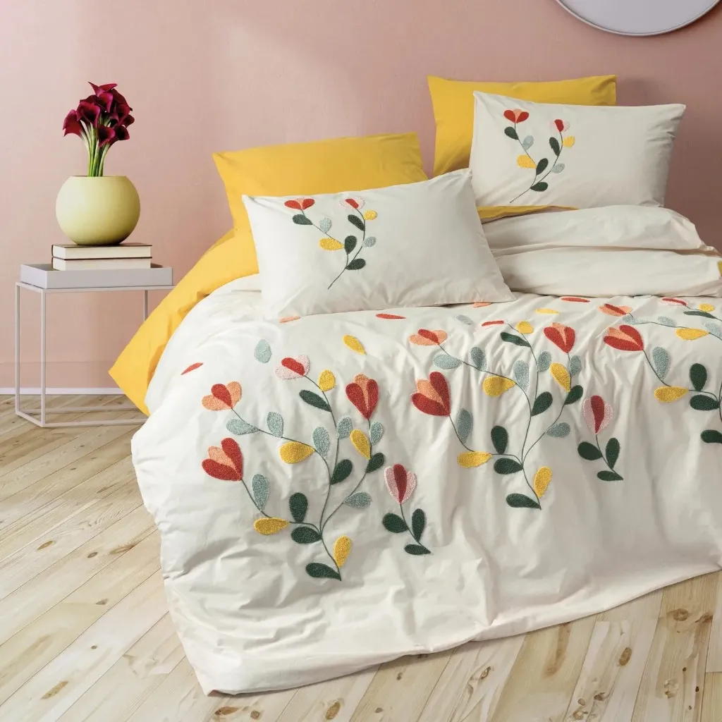 Puff Embroidered Double Duvet Cover Set Nella Mustard