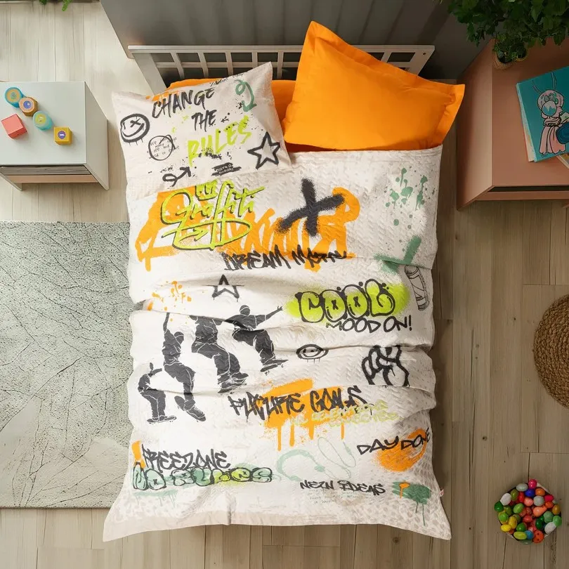 [60001995] Single Bed Set Girls & Boys Single - Graffiti/Orange