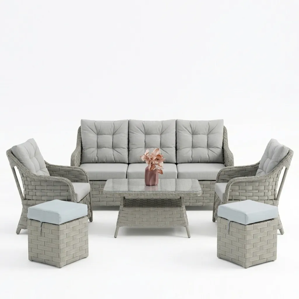 [10003062] Floransa Sofa Set (3+1+1) + 2 Poufs + Table – Grey