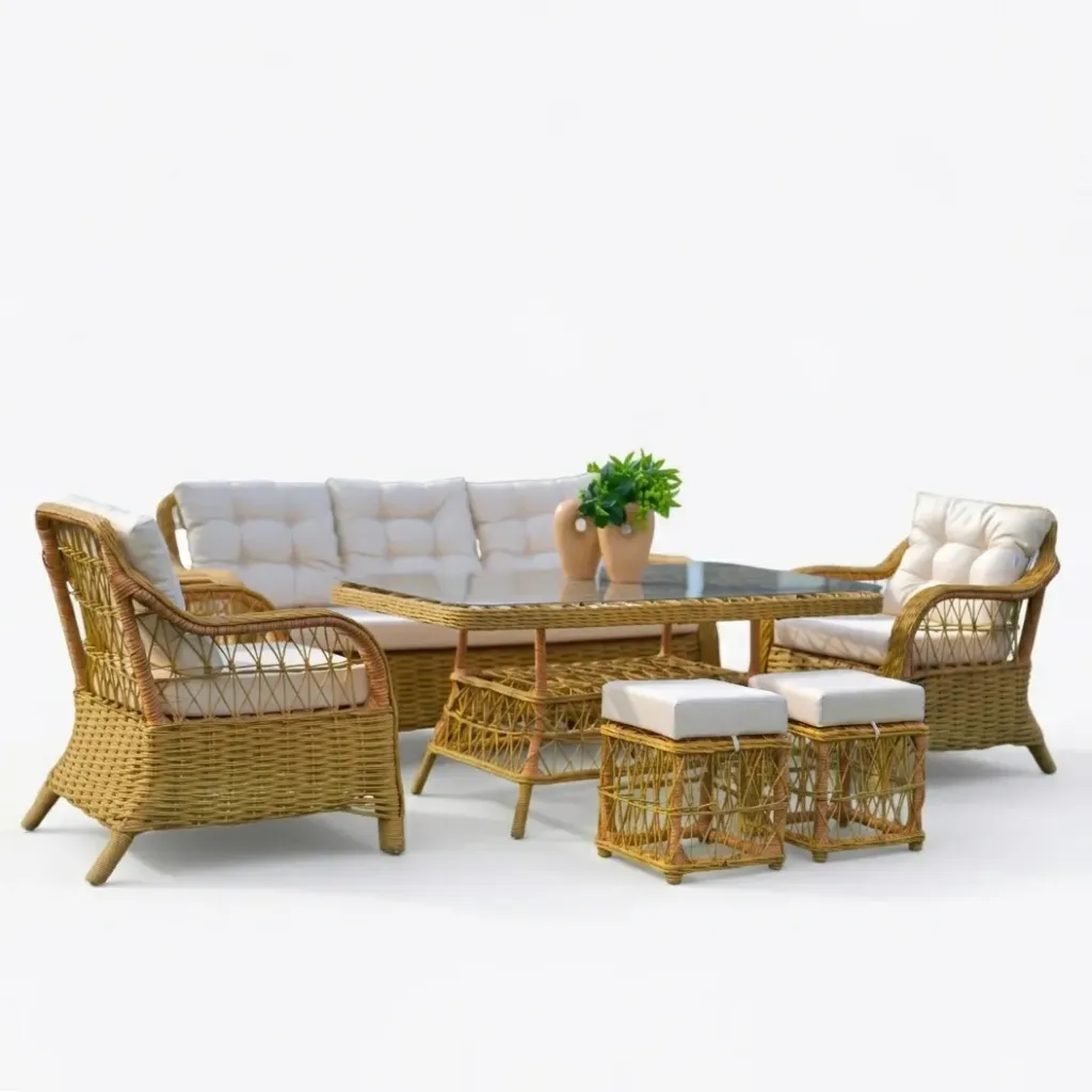 QUEEN Sofa Set (3+1+1) + 2 Poufs + Table