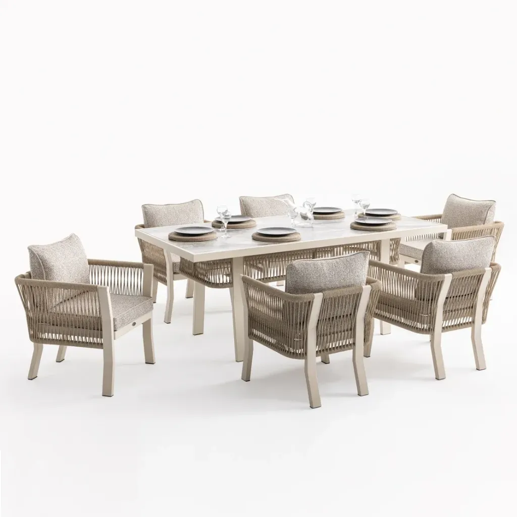 [10003098] Florance  Dining Set (Table + 6 Chairs) – Cream
